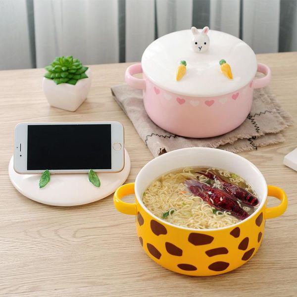 

bowls japanese cartoon potato bowl with cover animal mobile phone bracket ceramic biaural soup lovely student dormitory