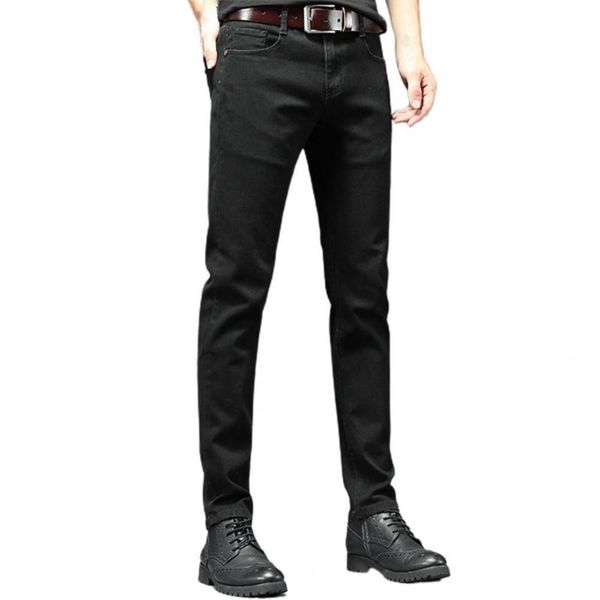 

men's jeans fashion men mid-waist straight pencil breathable denim pants zipper placket business casual trousers, Blue