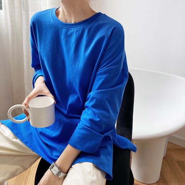 

2021 autumn basic t shirt o-neck style sleeve split hem white tees women ia7i