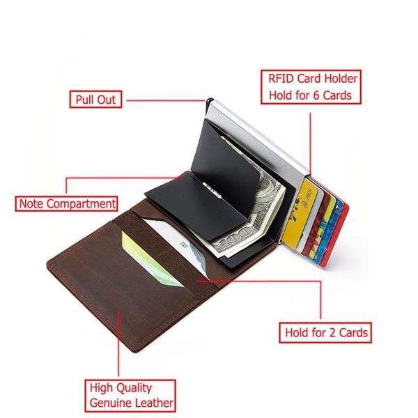 

bycobecy 2020 rfid anti-theft credit card holder genuine leather aluminum box slim thin smart new card case clutch pop-u qylwef