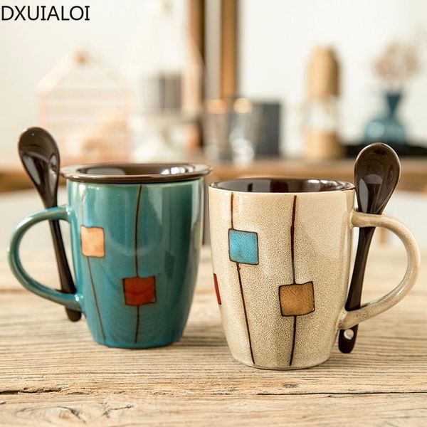 

mugs creative ceramic mug retro personality trend couple simple coffee cup household water spoon with lid 360ml dxuialoi