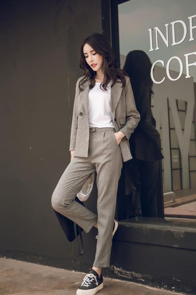 

women's two piece pants office suit two-piece autumn and winter business double-breasted nine-point pocket ol formal wear, White