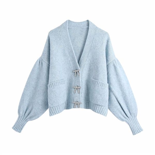 

women's sweaters fashion jewellery button za knitted v-neck blue cardigans female casual long lantern sleeve double pockets 6, White;black