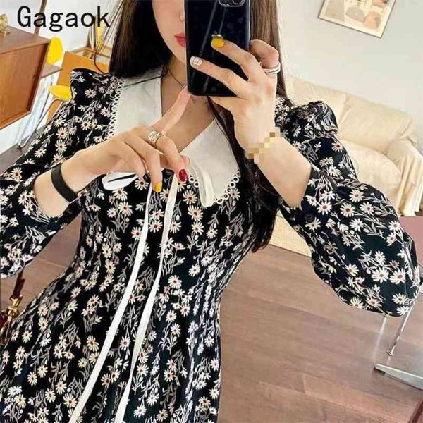 

dresses for women spring autumn sweet a-line floral puff sleeve mini korean chic fashion laides vestidos 210531, Black;gray