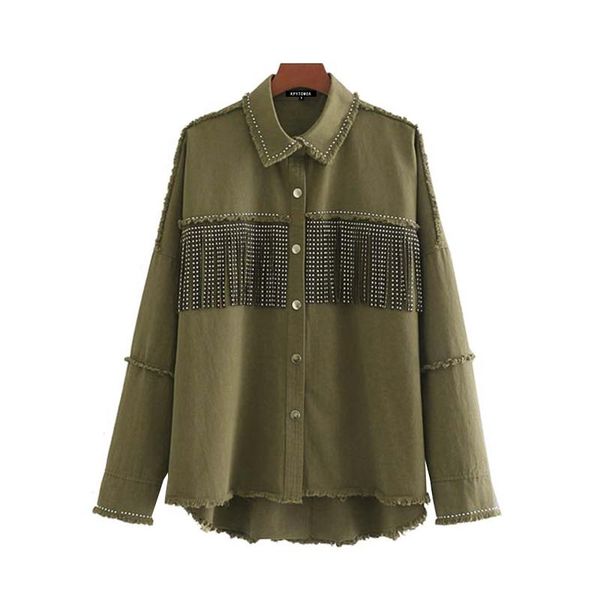 

women's jackets women fashion tassel beaded oversized denim jacket coat vintage long sleeve frayed hem female outerwear chic, Black;brown