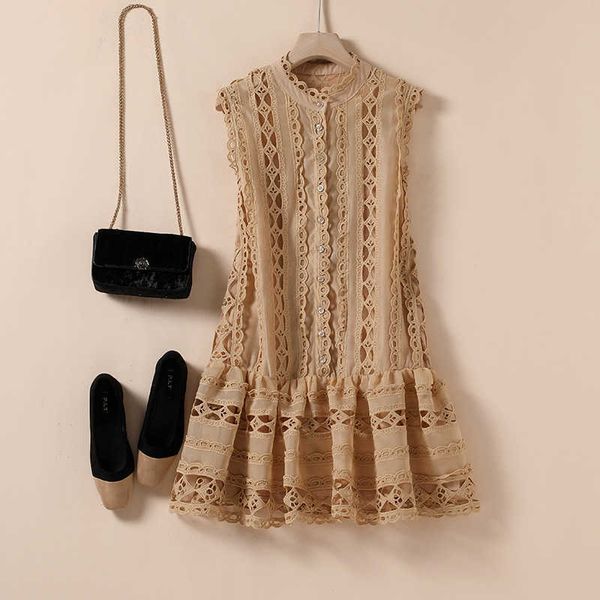 

summer fashion hollow out floral embroidery for women o neck sleeveless loose mini vest dresses female vestido 210529, Black;gray