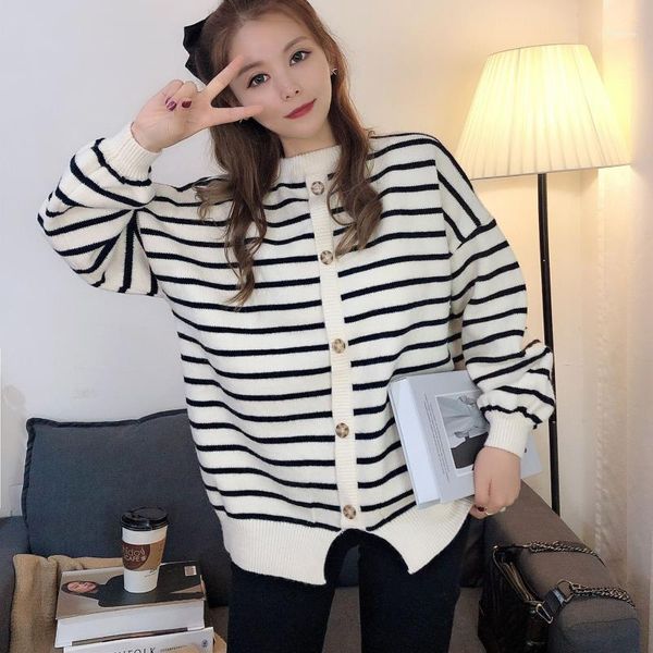 

sweater women's autumn and winter languid loose t-shirt korean striped front back button design with thick pullover1, White;black