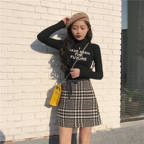 

skirts korean preppy style casual streetwear vintage high waist was thin houndstooth wool a word skirt women 2021 autumn, Black