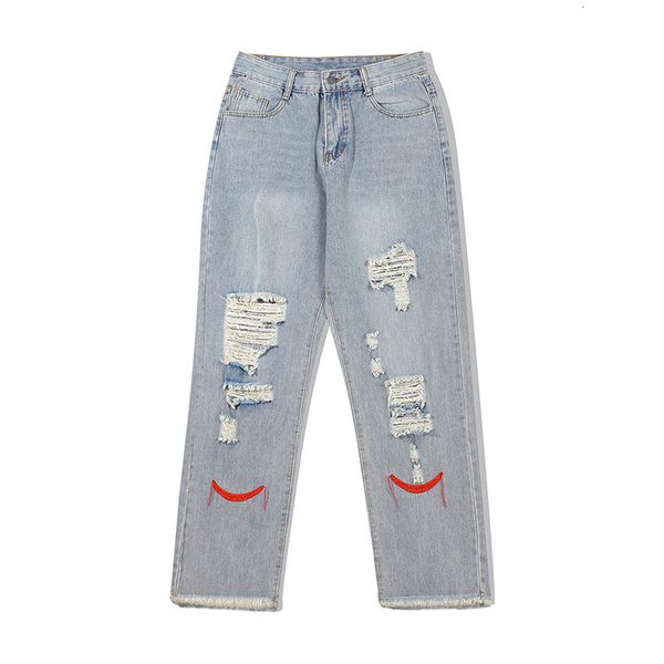 

men's pants hip hop embroidered hole washed men's brim pants oversized harajuku retro loose casual denim jkwi, Black