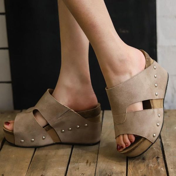 

slippers fashion high heels sandals women summer rivet beach shoes vintage boho casual wedges thick bottom, Black