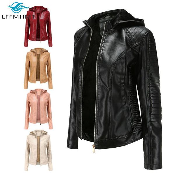 

omen winter solid color fleece lining thick warm short coat office lady large size casual slim hooded female pu jackets, Black;brown