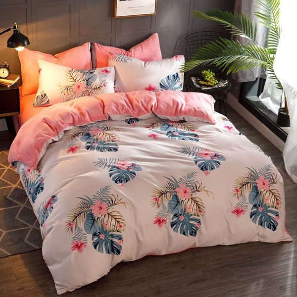

2021 fashion simple style home bedding sets bed linen duvet cover pillowcase flat sheet winter flannel milk velvet bedding set