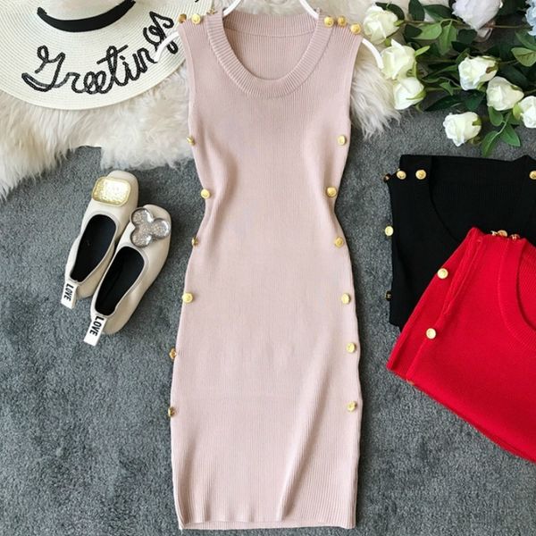 

2021 new fashion stretch bodycon women button sleeveless solid knitted o-neck tank elegant es vestidos pp485 tbyl, Black;gray
