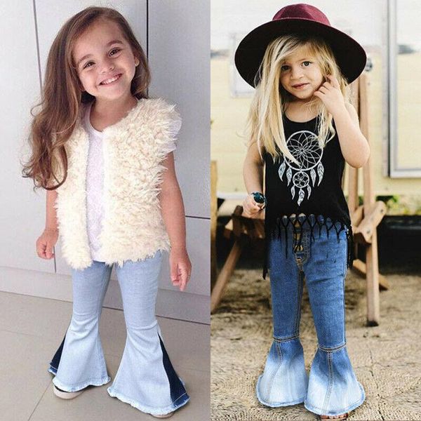 

jeans kids baby girls bell-bottoms long pants denim wide legs trousers clothing, Blue