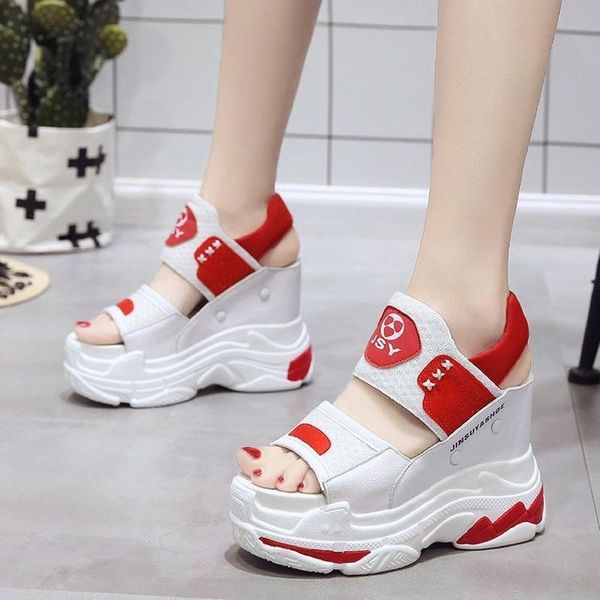 

peep toe casual sports sandals women's summer new style super high wedge heel inner heightening sandals students platform shoes, Black
