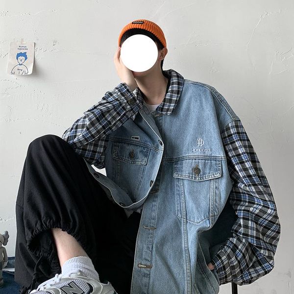 

autumn hong kong style sub-stitching denim jacket boys tide brand loose ruffian handsome fake two-piece jacket baseball uniform, Black;brown