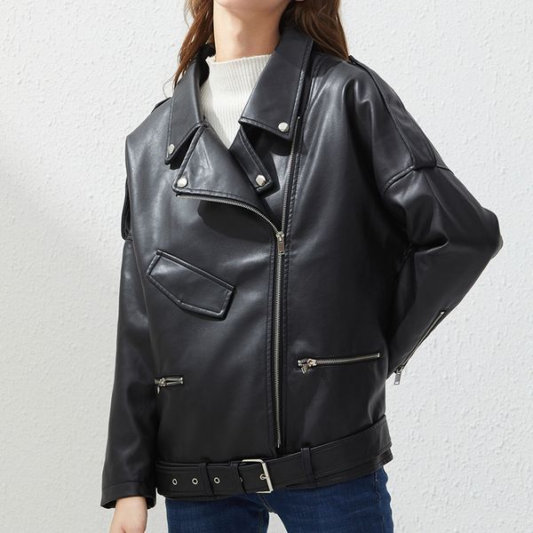 

2021 new spring autumn oversized faux jacket with belt women casual loose biker outwear female bf black leather coat 57q5