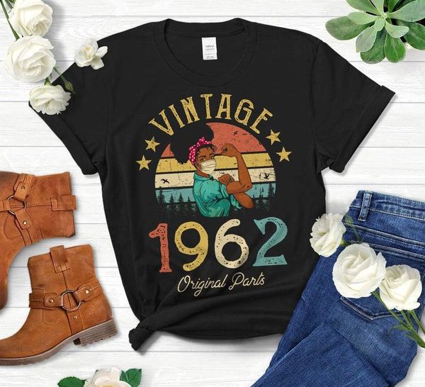 

women's t-shirt vintage 1962 original parts african american women with mask years old 59th birthday gift idea girls mom wife daughter, White
