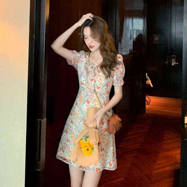 

casual dresses 2022 summer french first love pastoral gentle wind broken flower chiffon dress childressesn sweet super fairy, Black;gray