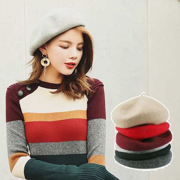 

beret hat female autumn winter korean version versatile wool tweed pumpkin octagonal hats british casual painter, Blue;gray