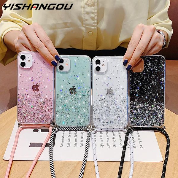 

lx brand with neck strap rope cord clear glitter case for iphone 11 pro max x xr xs se 12 13 10 7 8 plus crossbody lanyard cover