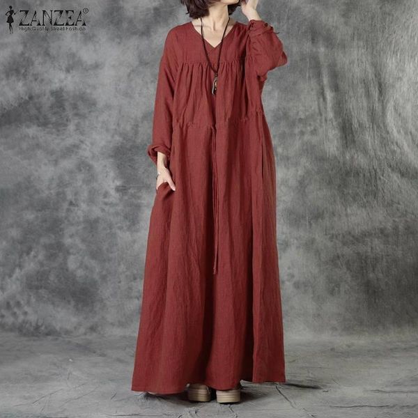 

casual dresses 2021 autumn maxi long dress zanzea women vintage v neck sleeve sundress kaftan robe solid drawstring waist vestidos, Black;gray