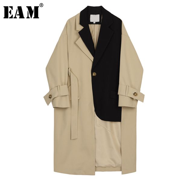 

[eam] 2021 new spring autumn lapel long sleeve button spliced bandage loose long big size windbreaker women trench fashion jy712 210218, Tan;black