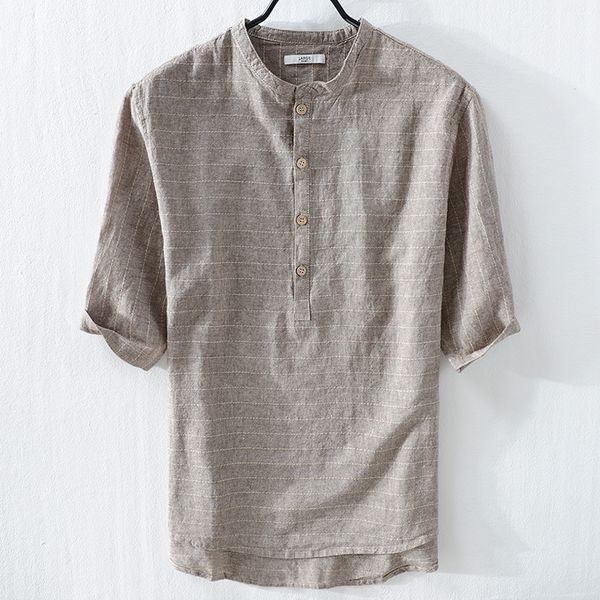 

2021 new brand short sleeve linen summer striped cotton men shirts big size stand collar flax shirt male chemise homme xi53, White