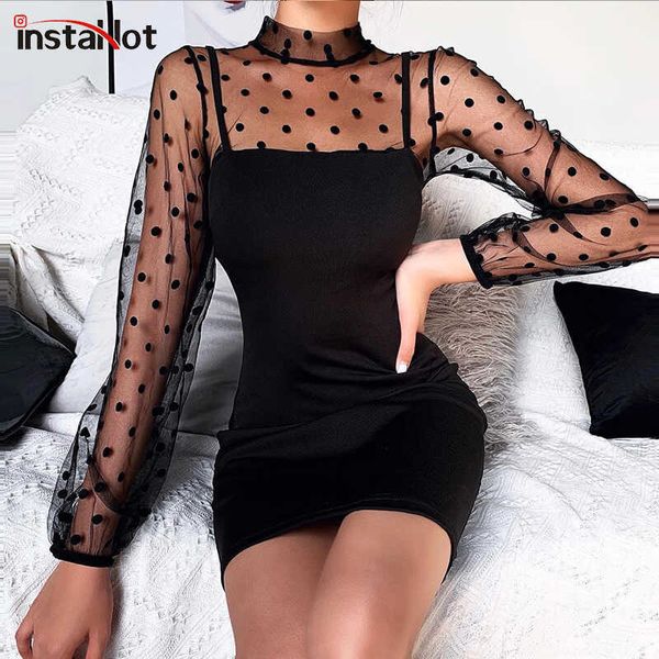 Instahot Mesh Poleka Dot Sexy Drlong Рукав см. Через стройное пэчворк Элегантная Осенняя вечеринка Клуб Back Backlcaus Cloth X0529