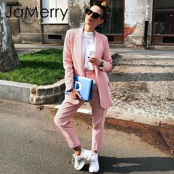 

women's suits & blazers jamerry vintage casual women pink plaid blazer suit autumn single breasted long sleeve female office pants wint, White;black