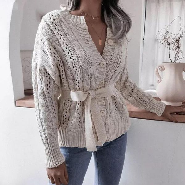 

women's knits & tees heflashor women warm knitted cardigan female casual criss-cross belt v-neck solid color sweater cotton knitwear fe, White