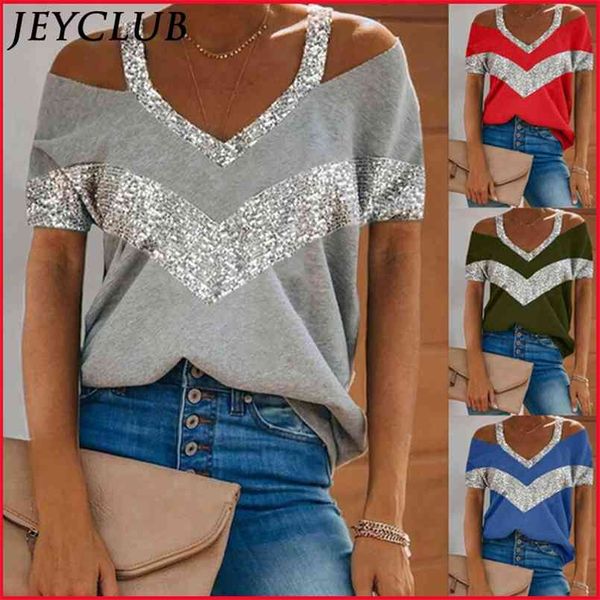 

oversize tee sequins patchwork off shoulder women summer halter v-neck short sleeve t shirt tshirts womans clothing 210708, White