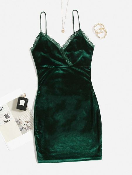 

lace trim velvet cami dress 11a0#, Black;gray