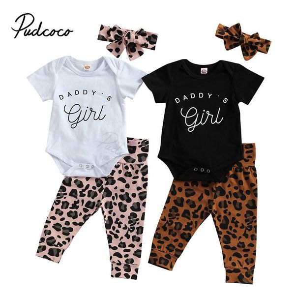 

clothing sets born baby girls 3-piece outfit set letter print romper+leopard pants+headband, White