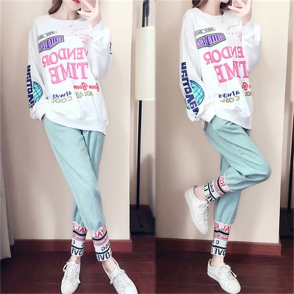 

two piece women's sports leisure hip hop sweater fashion korean loose net red suit women, Black