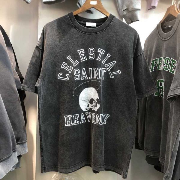 Saint Devil Skeleton Bone Print Wash Water Used Loses Kurzarm-T-Shirt High Street Herren-T-Shirt