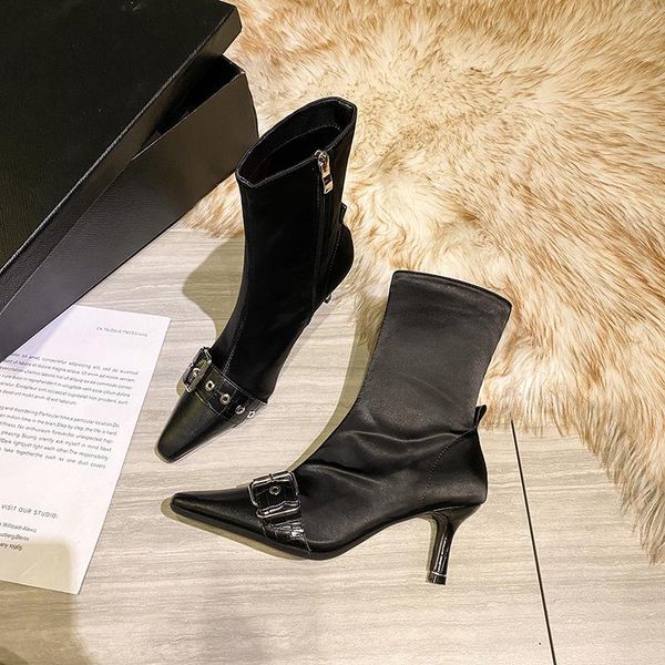 

boots fine-heeled fashion silk satin square-head leather buckled women's king high-heeled, Black