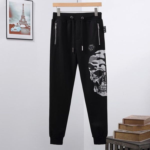 

men's pants sweatpants pp skull half p drilling long trousers sports feet fashion metal decorative, Black
