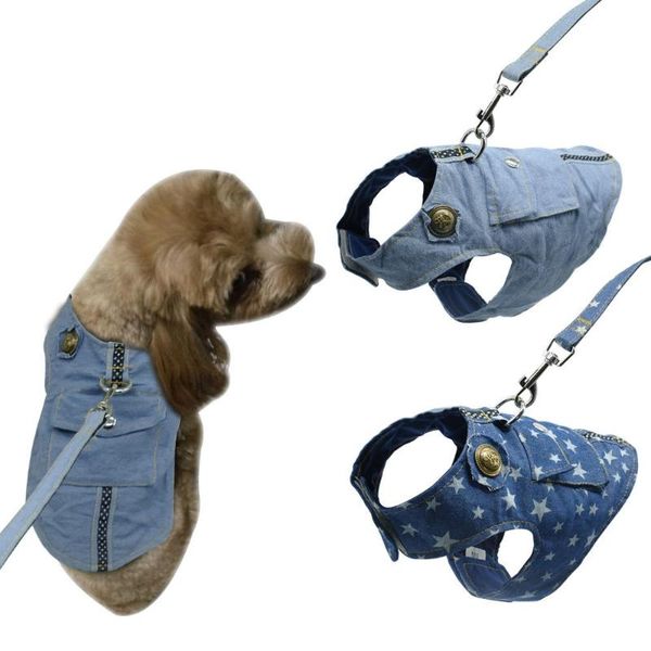 Collari per cani Guinzagli Gilet di jeans Guinzaglio per imbracatura Stelle per cani di taglia piccola e media Jeans Vestiti Cappotto Abbigliamento Abbigliamento Teddy Terrier Cucciolo Pet Suppl