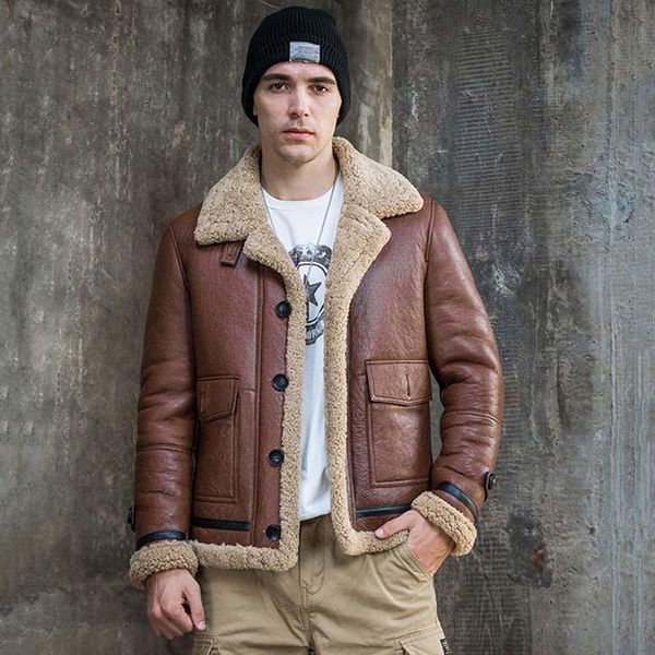 

men's leather & faux mens b3 shearling coat flight jacket motorcycle overcoat short fur parkas warm winter outerwear, Black