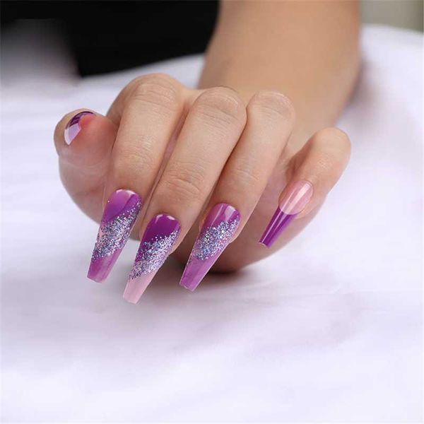 Falsos unhas adesivos para dicas de unhas glitter roxo flower patch tipo de cola removível parágrafo longo moda manicure