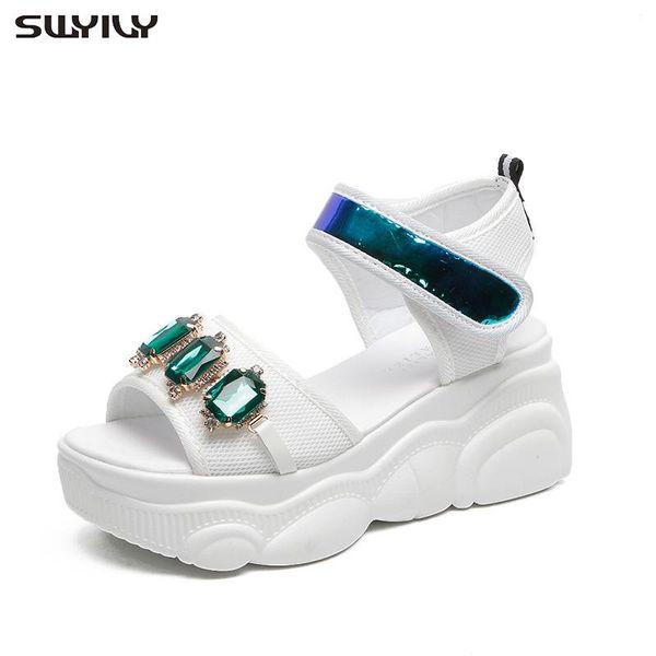

swyivy summer shoes woman sandals platform ankle belt crystal gemstone white summer casual shoes female wedge sandals black