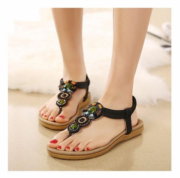 

summer women shoes sandals comfort bohemia flat women sandals fashion string bead woman flip flops shoes mujer sandalias, Black