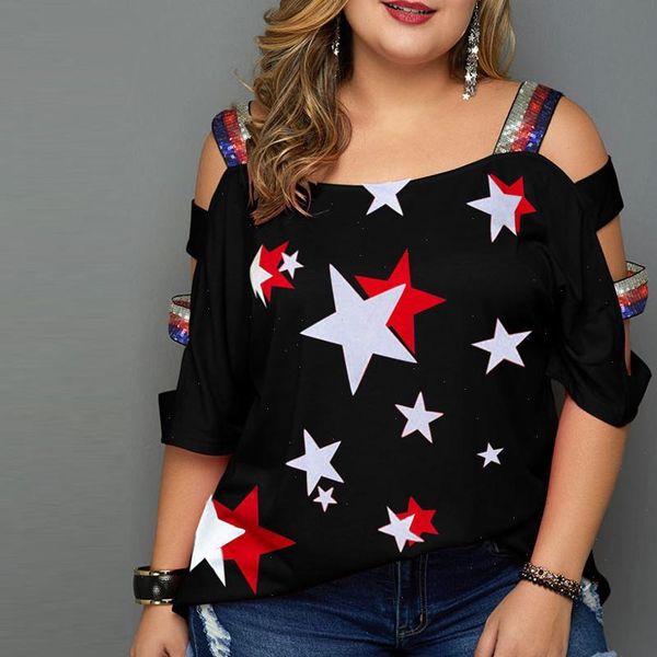 

women plus size casual summer blouse star print off shoulder slings sleeve women camisetas verano mujer ed, White