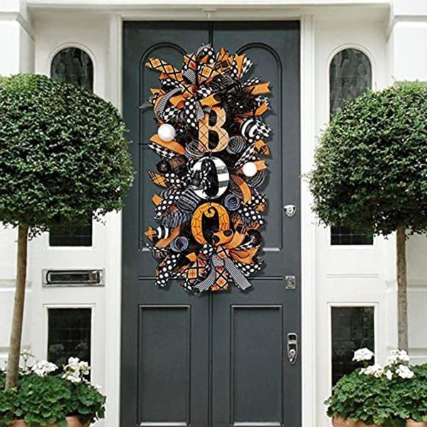 

decorative objects & figurines halloween swag wreath with boo letter sign bright color bow autumn outdoor door decoration