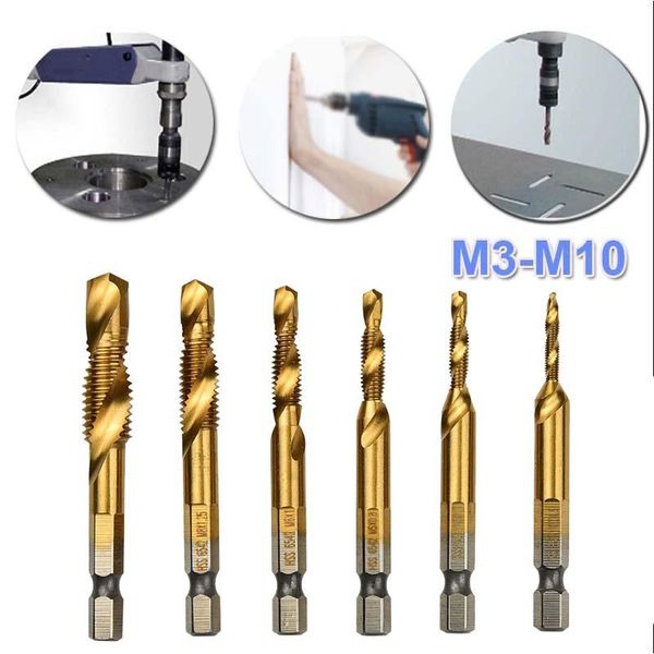 

hand tools 6pcs/set m3-m10 screw tap drill bits hex shank thread hss metric titanium coated bit