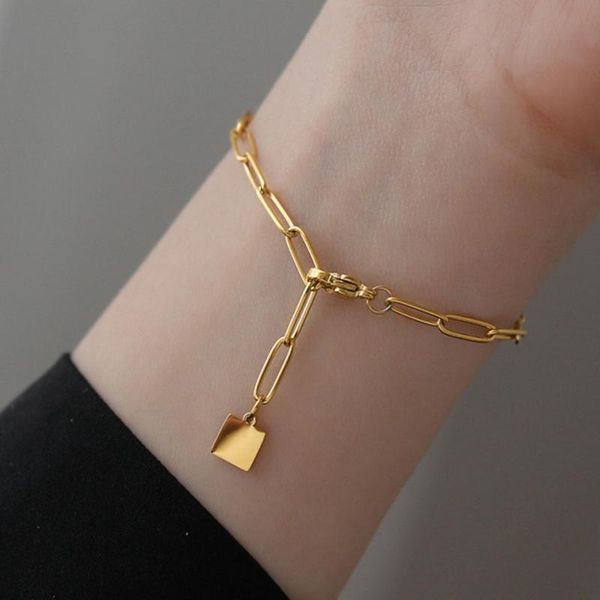 

link, chain dainty gold geometric square charm bracelet adjustable lover bangles bracelets for women stainless steel jewelry pulseras mujer, Black