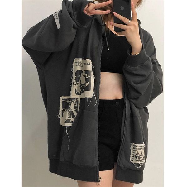 

women sweatshirt oversized hoodies women jacket letter print coat goth harajuku y2k aesthetic clothes grunge punk jacket zip-up 211008, Black