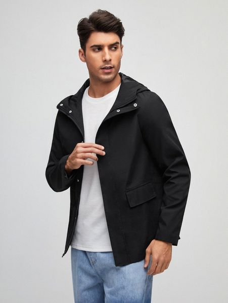 

solid zip up hooded jacket a6am#, Black;brown