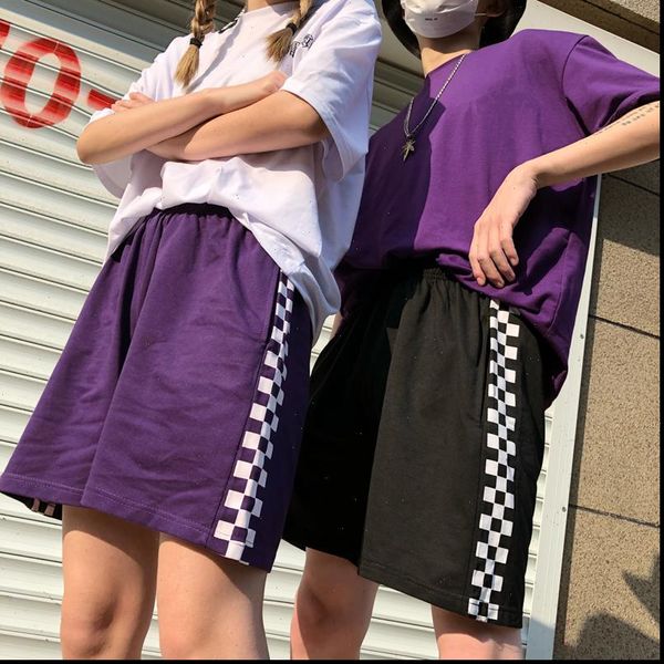 

2021 korean retro harajuku summer women shorts side black white plaid printed high waist casual female shorts, White;black